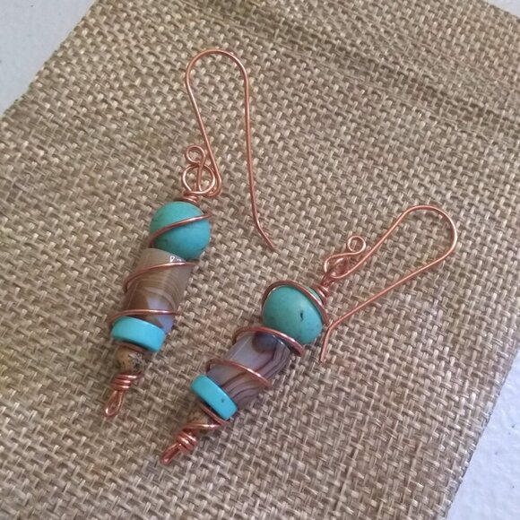 Aqua Turquoise & Tan Stack Stone Earrings ~ Handmade Copper Wire Wrap & Ear Wire - Picture 4 of 11